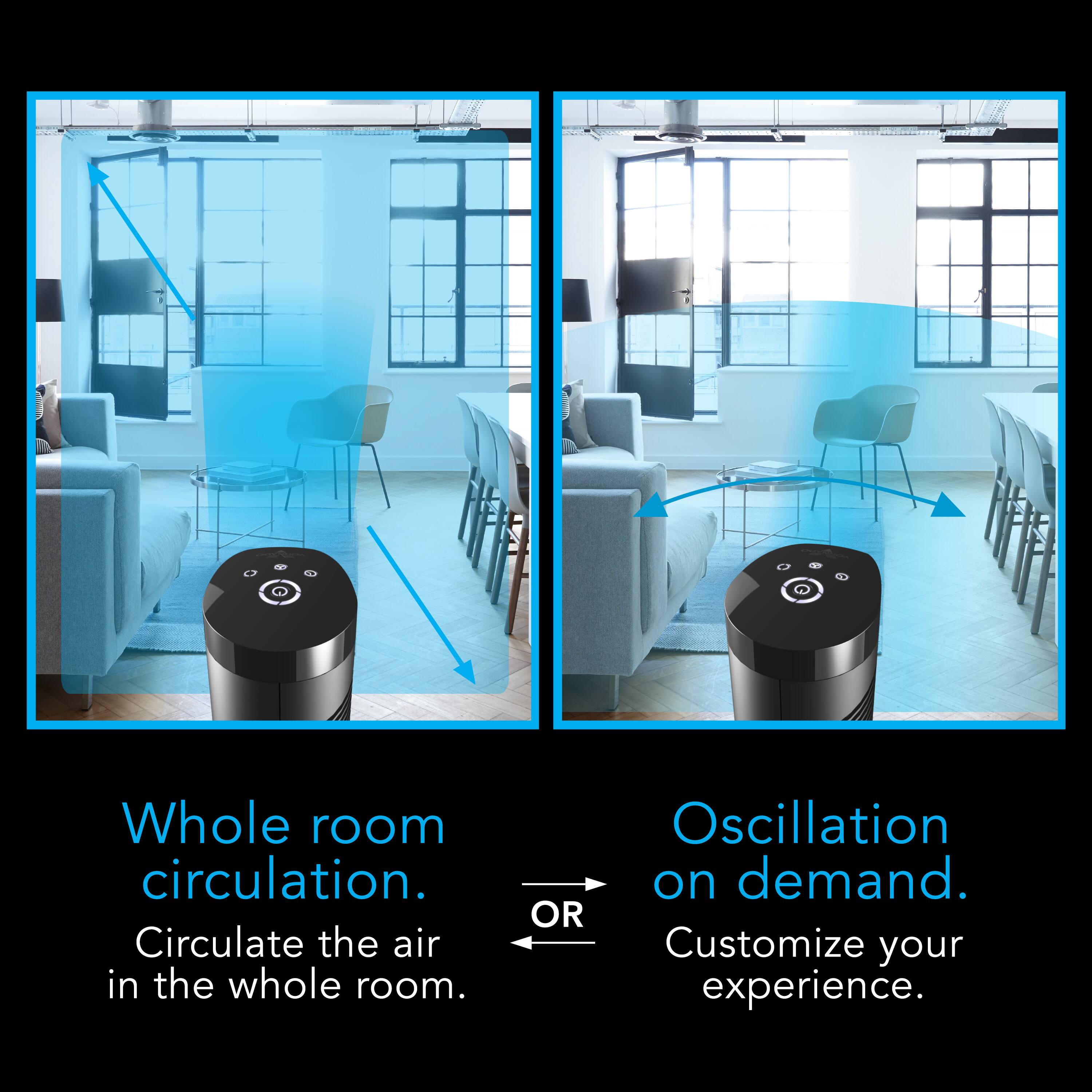 Whole room circulation. Circulate the air in the whole room. Oscillation on demand. OR Customize your experience.