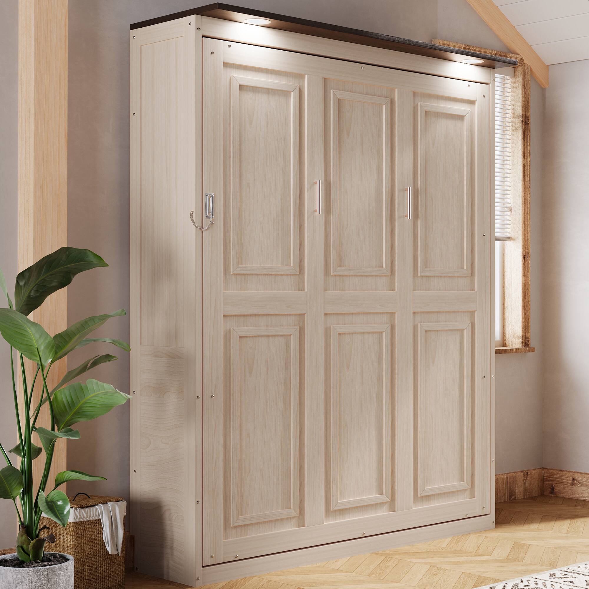 Angle. Whisen - Queen Size Murphy Bed with Integrated LED Lighting, Foldable Space-Saving Wall Bed Frame - Beige.