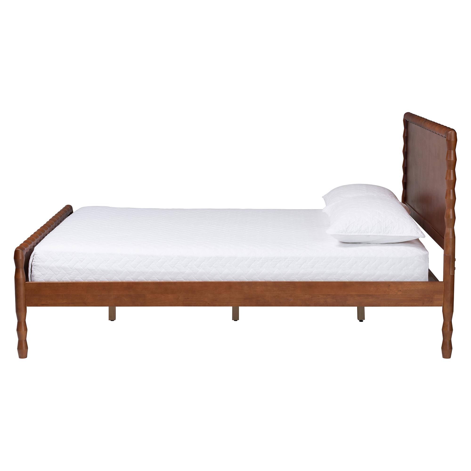 Angle. Baxton Studio - Seamus Platform Bed with Carved Bobbin Frame, Queen - Walnut Brown.