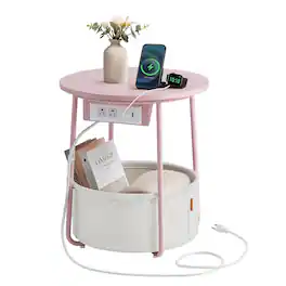 Songmics Home - LILEA Collection - Side Table with Charging Station, Round End Table with Fabric Basket, Nightstand with USB Ports - Jelly Pink and Cream White