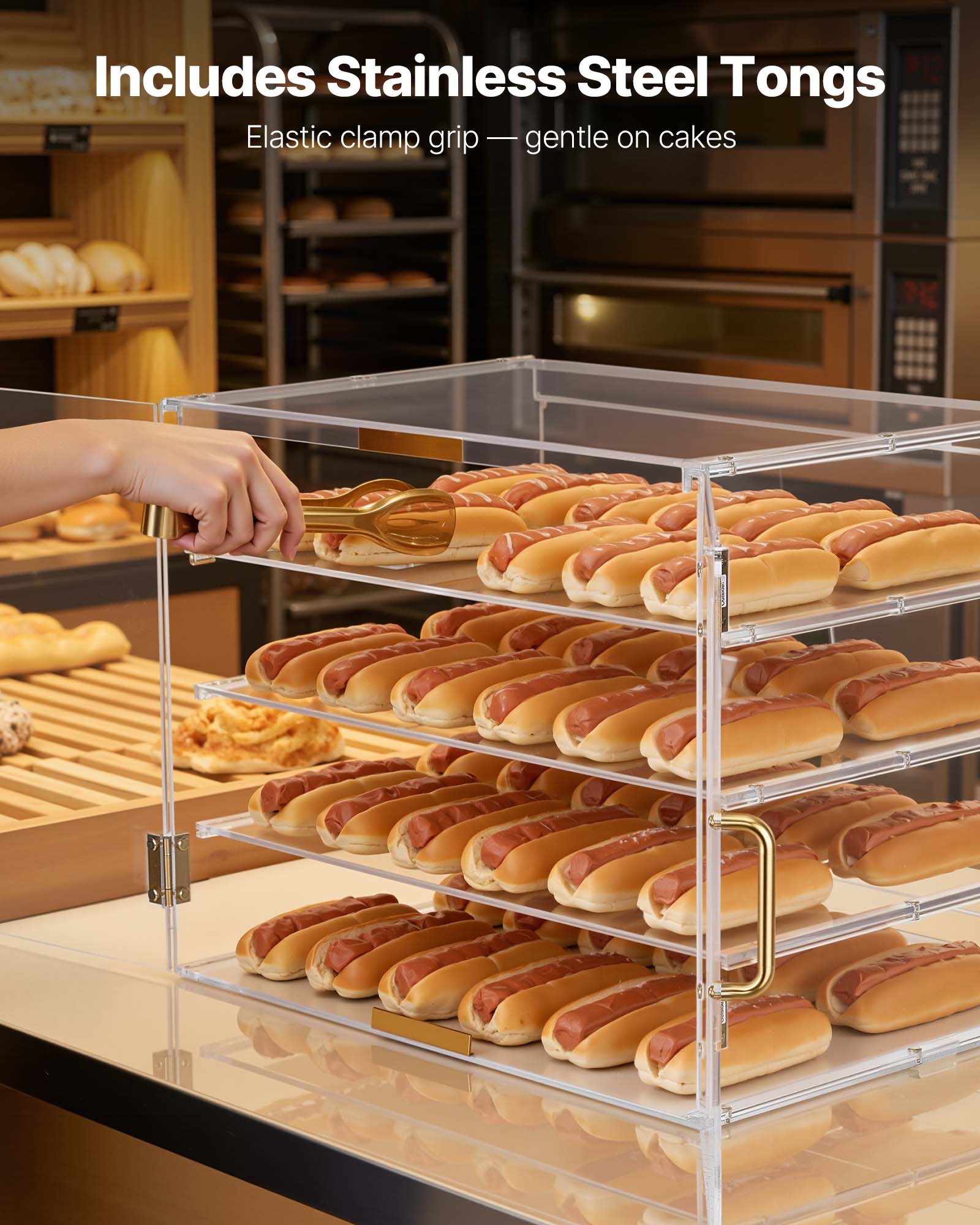 Includes Stainless Steel Tongs  
Elastic clamp grip - gentle on cakes