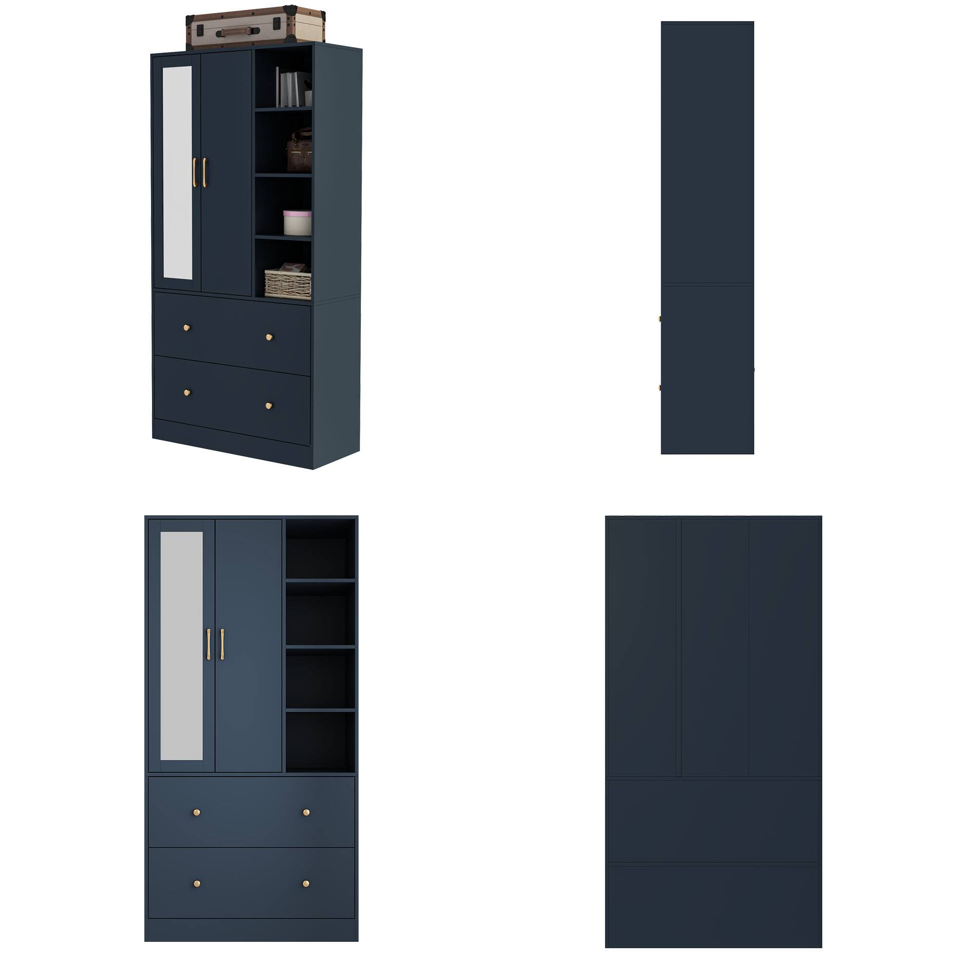 Alt View 9. FUFU&GAGA - Small Wardrobe with Mirror for Bedroom Compact Closet with Hanging Rod, Drawer & Open Shelf Space-Saving Storage Cabinet - Dark Blue.