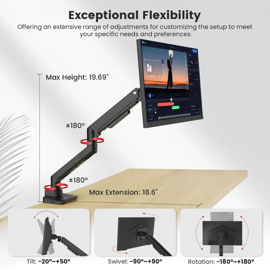 Exceptional Flexibility: Offering an extensive range of adjustments for customizing the setup to meet your specific needs and preferences.

1. Max Height: 19.69"
2. Max Extension: 18.6"
3. Tilt: -20~+50
4. Swivel: -90~+90
5. Rotation: -180~+180