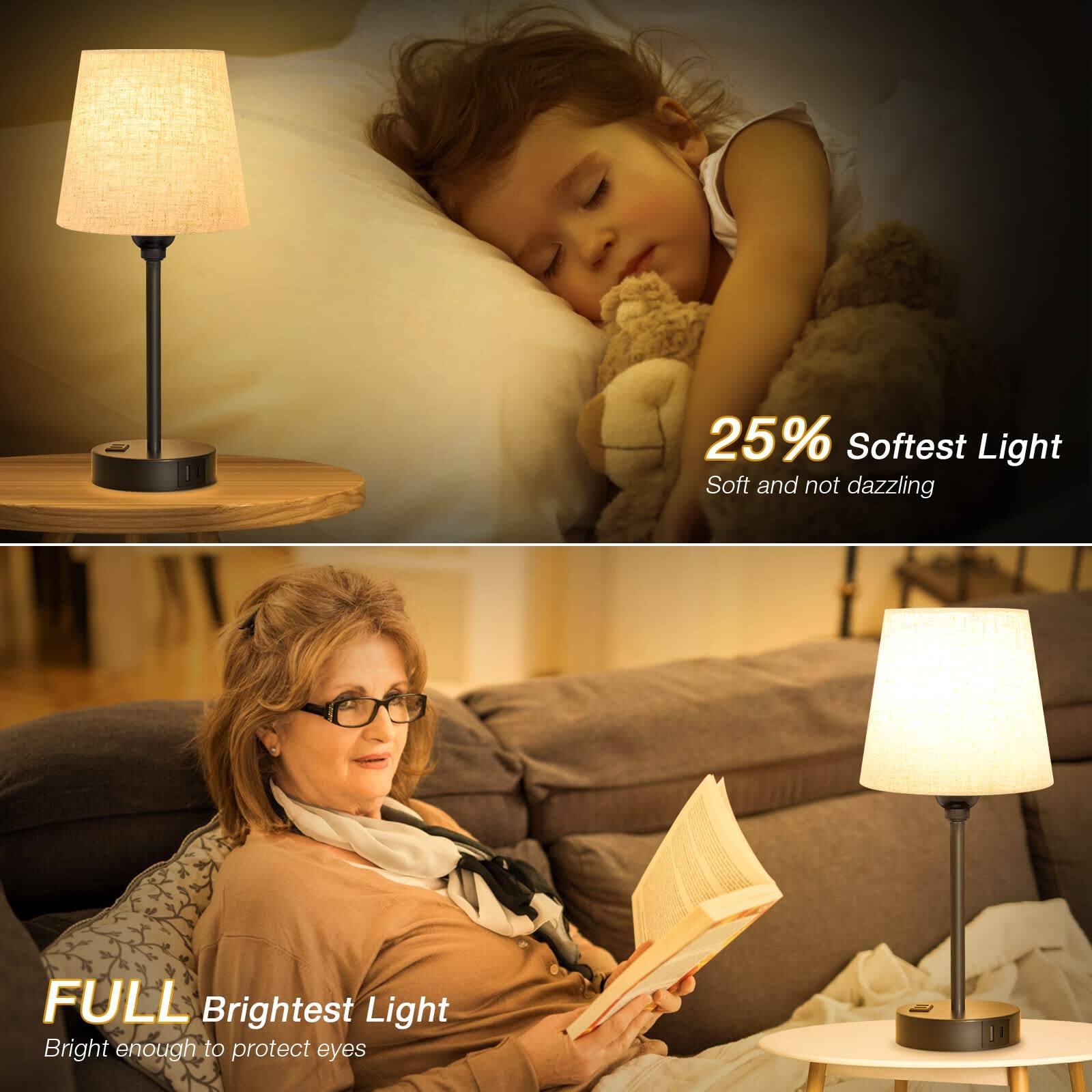 25% Softest Light  
Soft and not dazzling  

FULL Brightest Light  
Bright enough to protect eyes