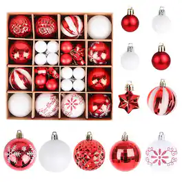 Stylel Star - Christmas Balls Ornaments Set 44 Xmas Shatterproof Plastic Baubles Hanging For Tree Holiday Party Wedding Decoration - Red and White