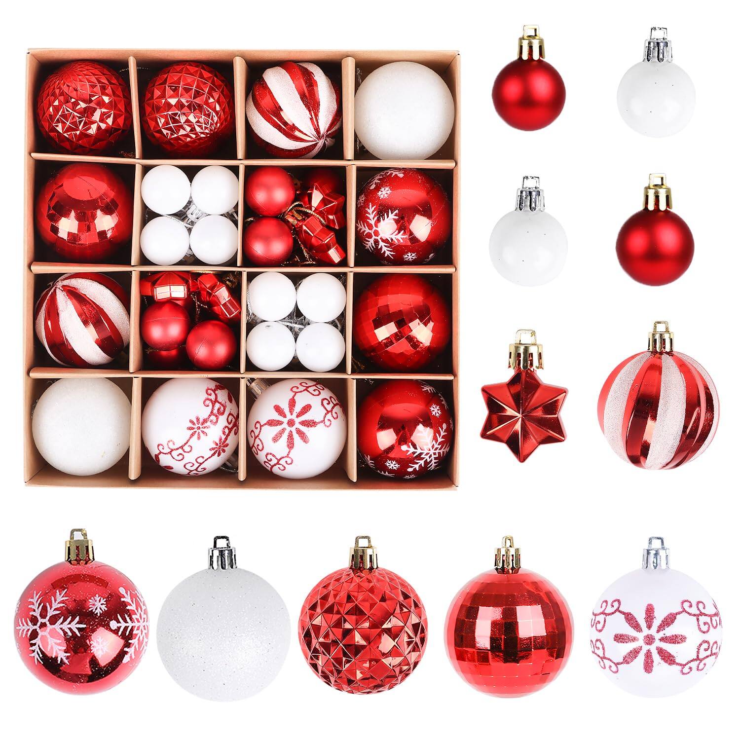 Stylel Star - Christmas Balls Ornaments Set 44 Xmas Shatterproof Plastic Baubles Hanging For Tree Holiday Party Wedding Decoration - Red and White