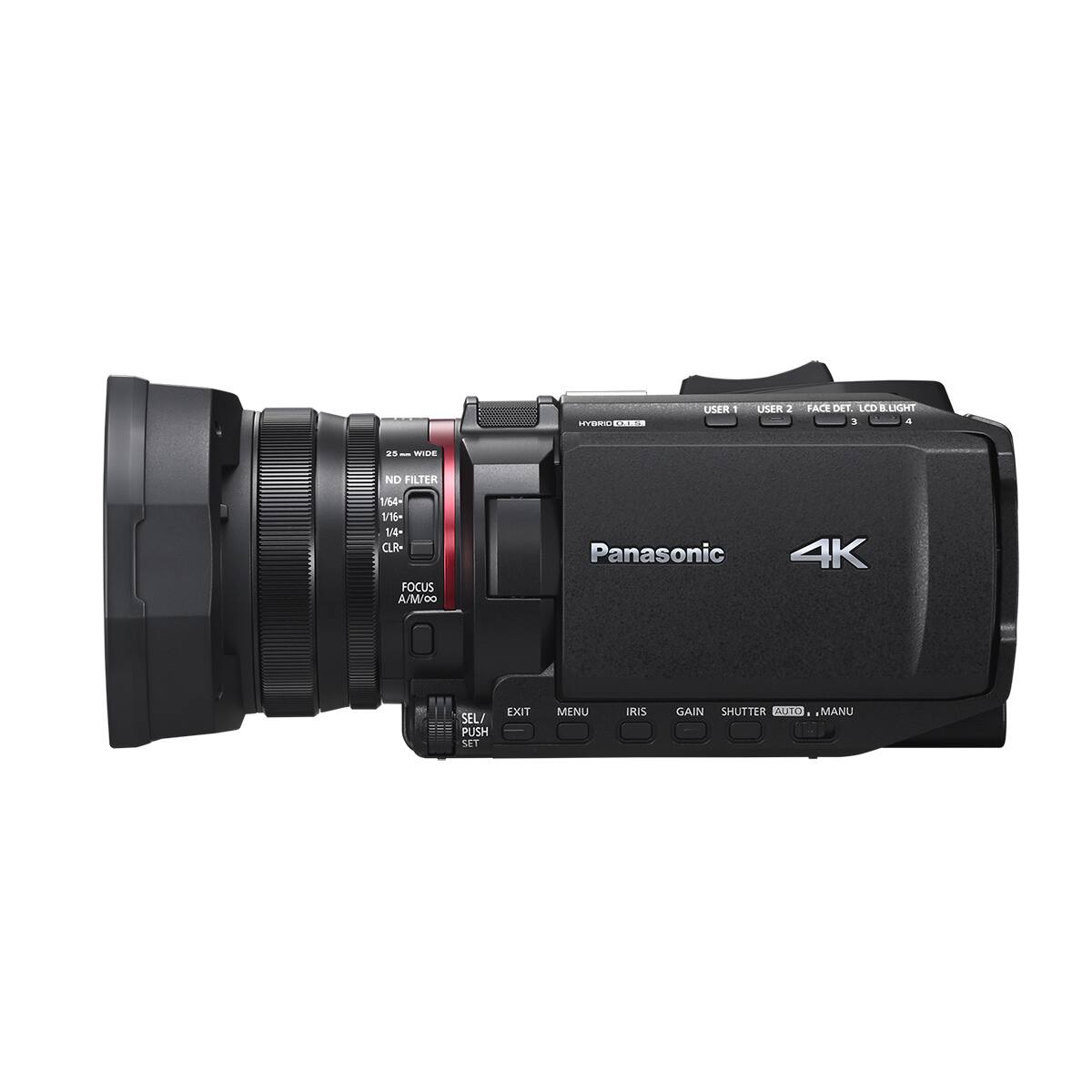 HYBRID QUES.

USER 1
USER 2
FACE DET. LCD B LIGHT 3 4

25
WIDE
ND FILTER
164 1/16 1/4 CLR- FOCUS A/M/co

Panasonic
4K
SEL/ PUSH SET
EXIT
MENU
IRIS
GAIN SHUTTER AUTO 1 MANU