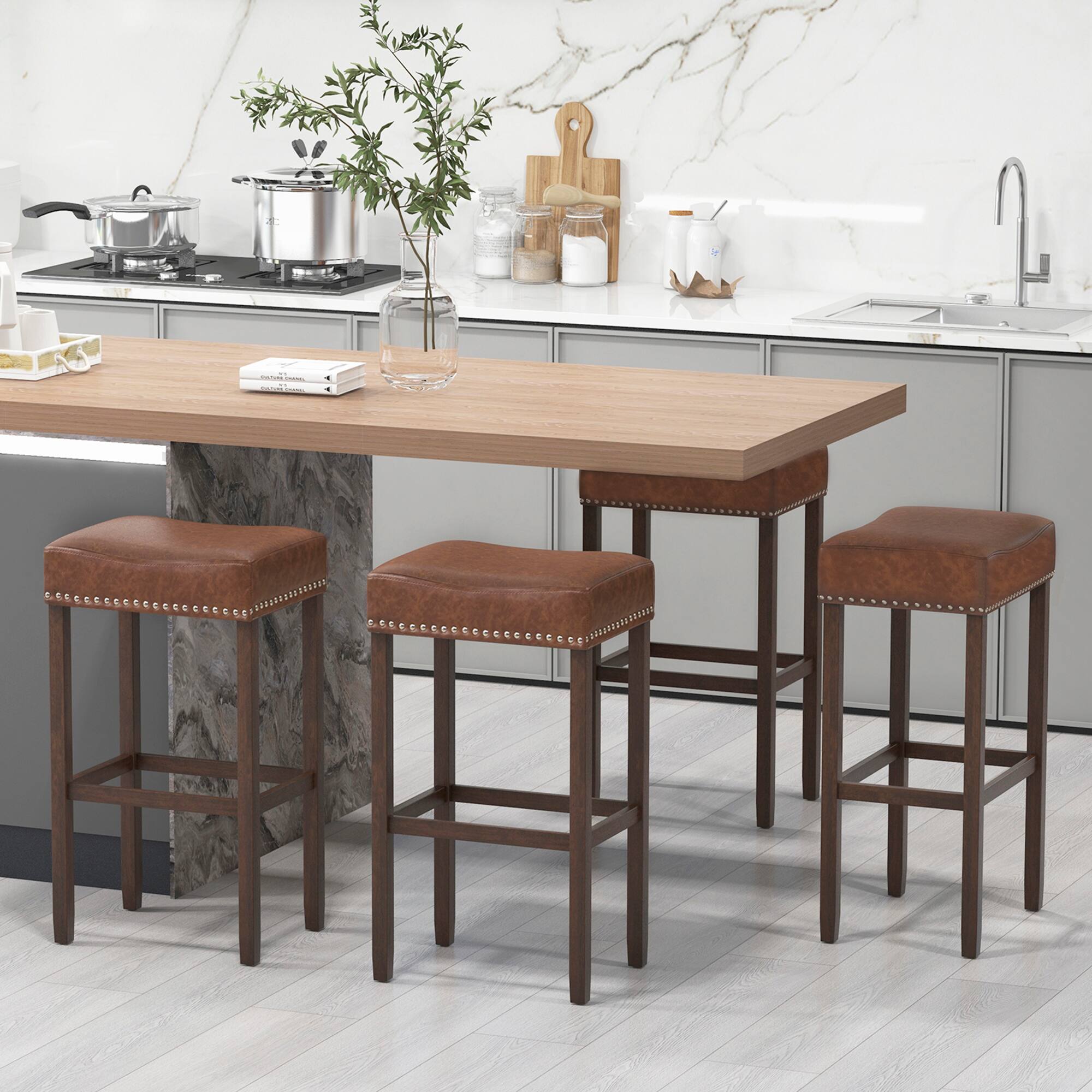Alt View 3. Gymax - Gymax 4PCS 29.5'' Bar Stool Set Counter Height Saddle Stools w/ Rubber Wood Frame - Brown.