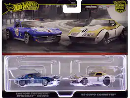 Hot Wheels - Chevrolet Corvette Stingray Coupe #65 Blue Metallic White Stripes & 1969 COPO Corvette #6 Gold White Car Culture Set - Blue Metallic, White, Gold Metallic, White