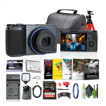 Sure, here is the corrected and grouped text from the image:
---
**Camera:**
- GR LENS f=26.1mm 1:2.8
**Accessories:**
- OLYMPUS LI-90B
- RICOH DB-110
- BATTERY CHARGER
- SanDisk Extreme PRO 64GB
- PHOTO M
- VideoStud
- Painter essentials
- AfterShot Pro 3
- DIGIMASTER
- IRIS CLEANER
**Other Items:**
- PaintShop Pro
- SanDisk
- 200MB/s
- 64GB
---
This groups the text into categories for better readability.