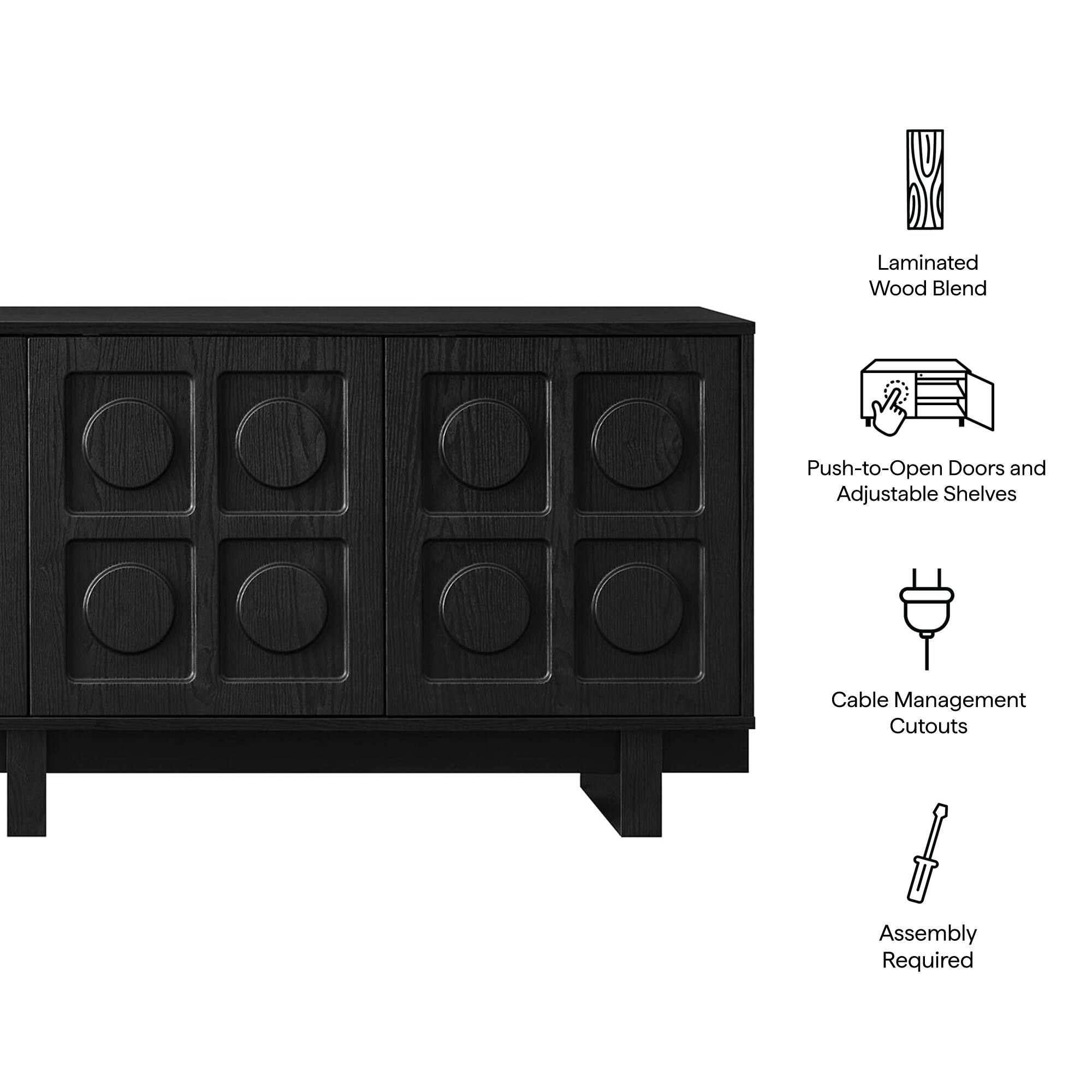 Laminated Wood Blend  
Push-to-Open Doors and Adjustable Shelves  
Cable Management Cutouts  
Assembly Required