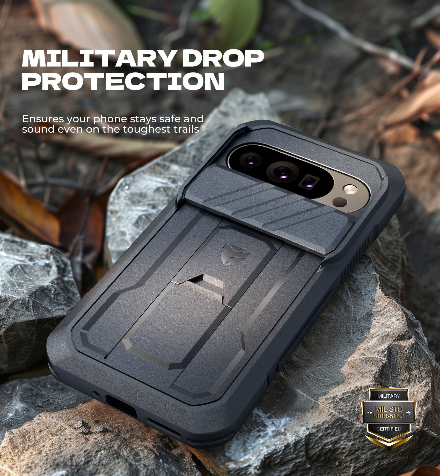 MILITARY DROP PROTECTION  
Ensures your phone stays safe and sound even on the toughest trails  

MILITARY  
MIL STD 810H-516.8 6.8 CERTIFIED
