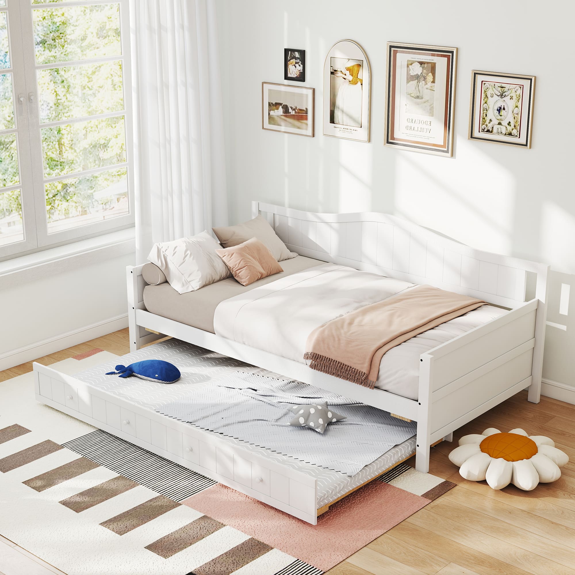 AENKYO - Twin Size Day Bed Frame Space-Saving Trundle Bed Platform Bed Frame - White
