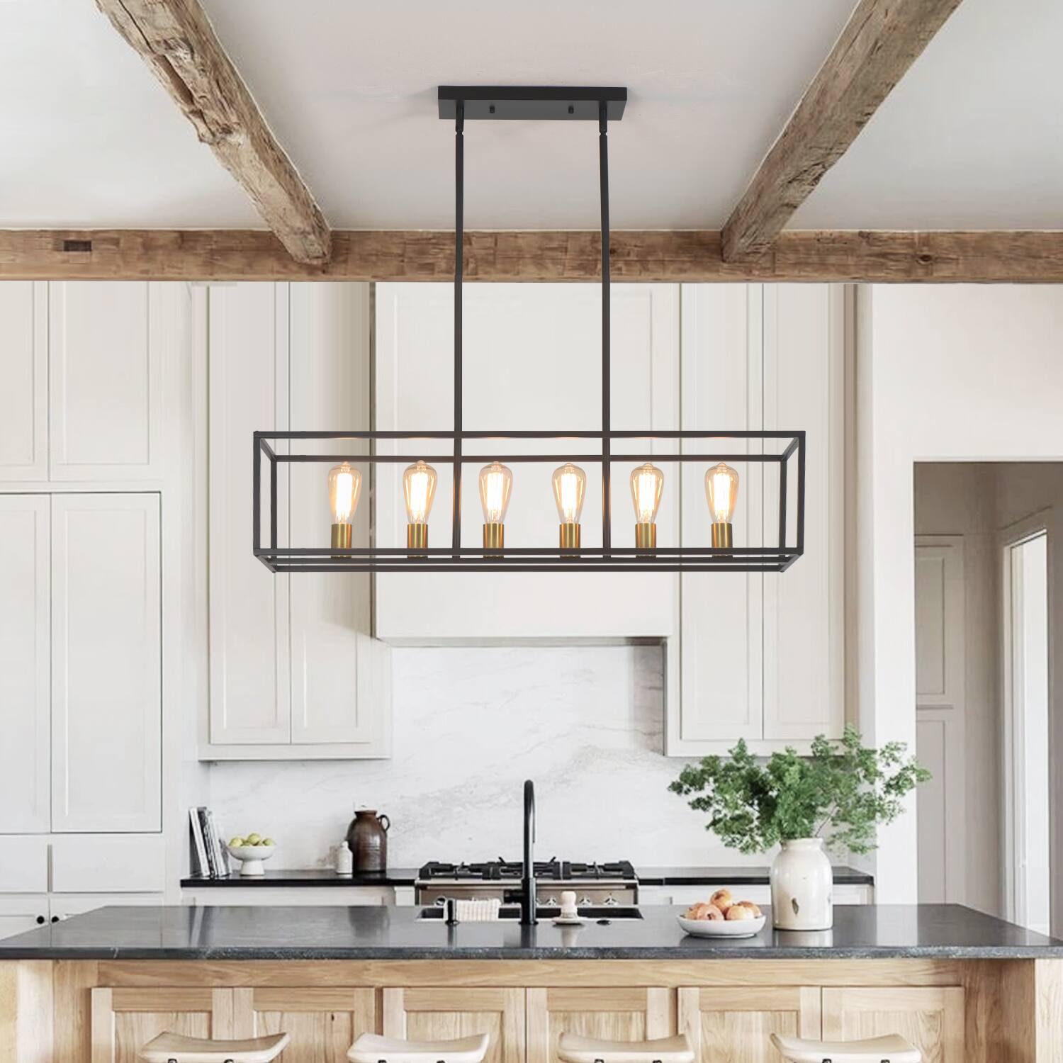 Left. Umeiluce - 6 Lights Island Chandelier  Farmhouse Vintage Style for Dinning Room, Kitchen, Showroom, Restaurant - Black and Brass.