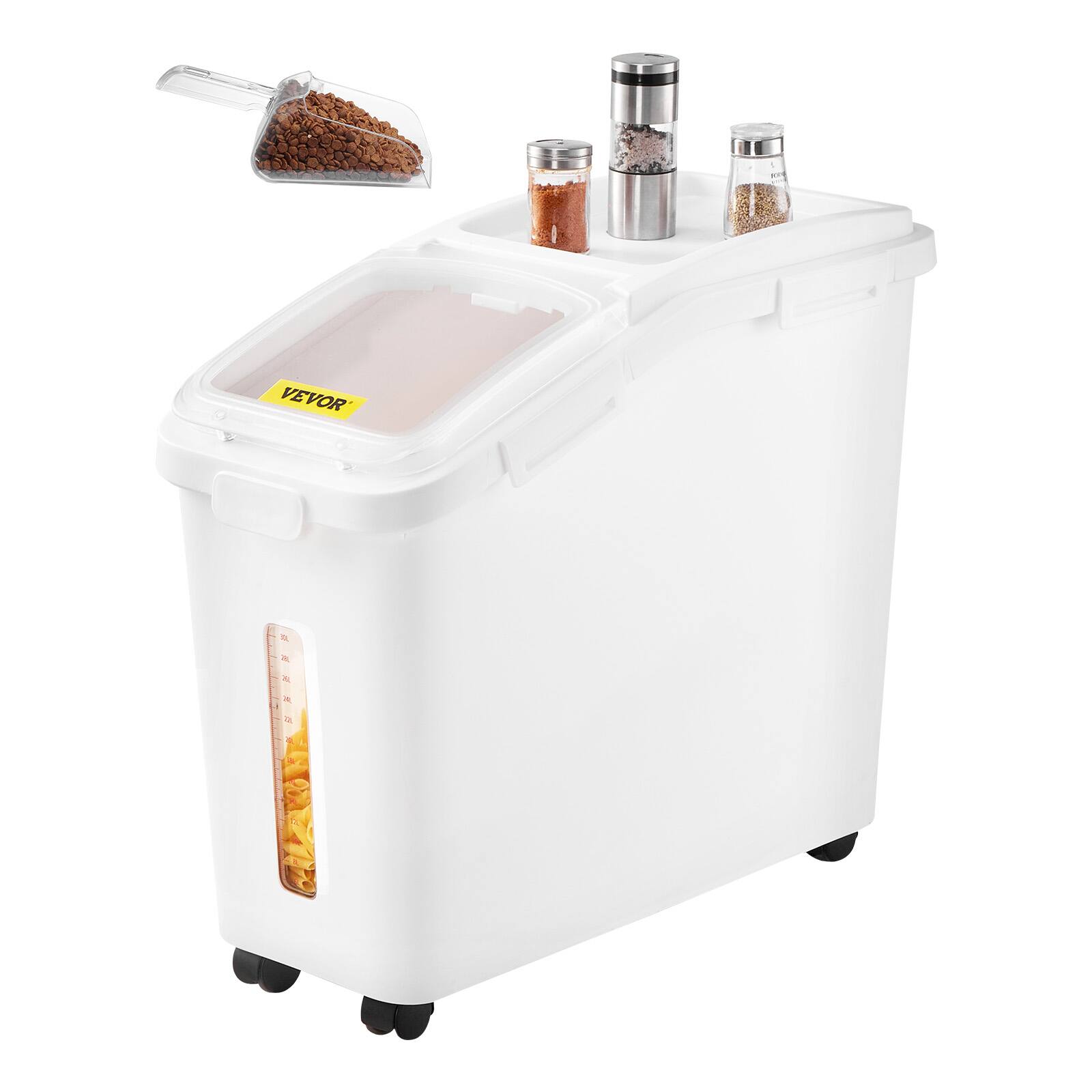 VEVOR - Rice Storage Container, 11.4Gallon/50L Capacity Large Dog Food Dispenser Bin, Kitchen Ingredient Grain Cereal Flour Bin - White