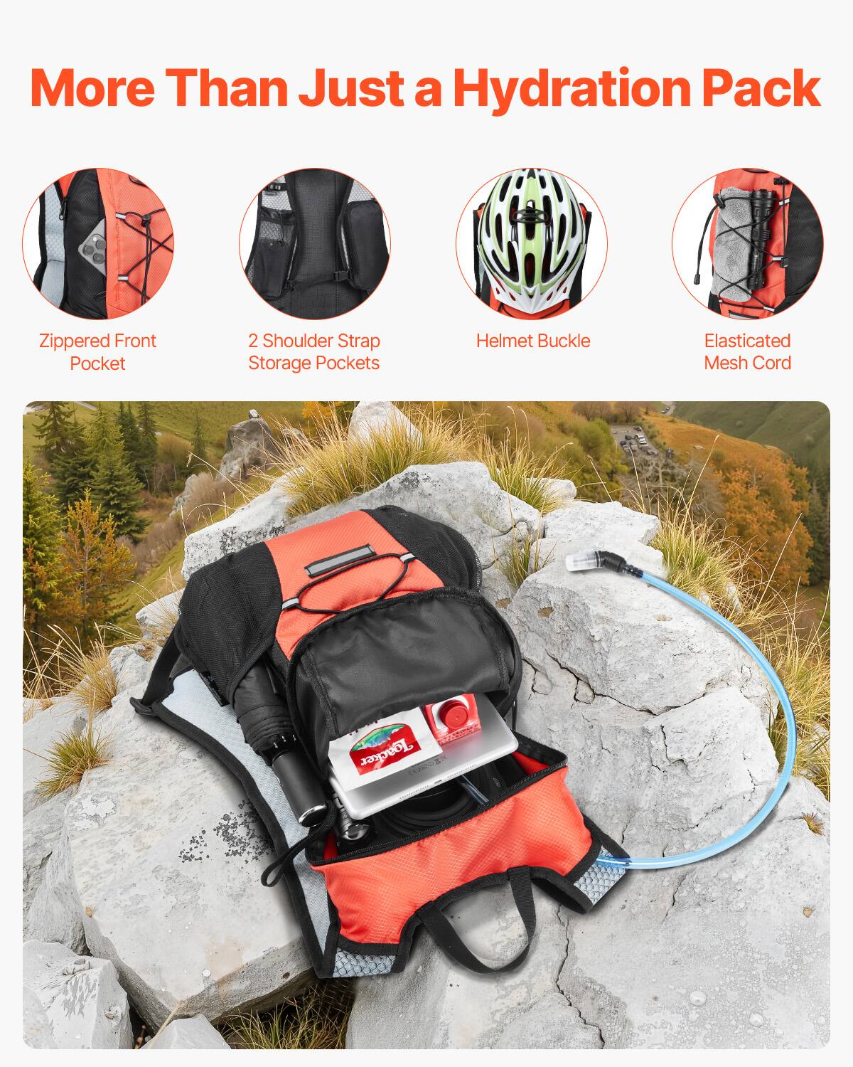 More Than Just a Hydration Pack

- Zippered Front Pocket
- 2 Shoulder Strap Storage Pockets
- Helmet Buckle
- Elasticated Mesh Cord