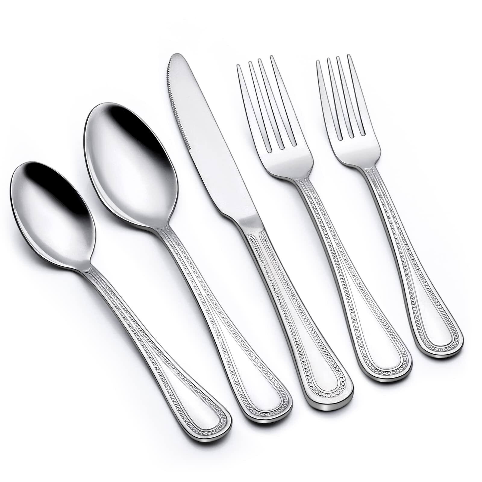 Front. Dazzed Corner - 40 Piece Silverware Set for 8, Stainless Steel Flatware Set, Dishwasher Safe - Silver.