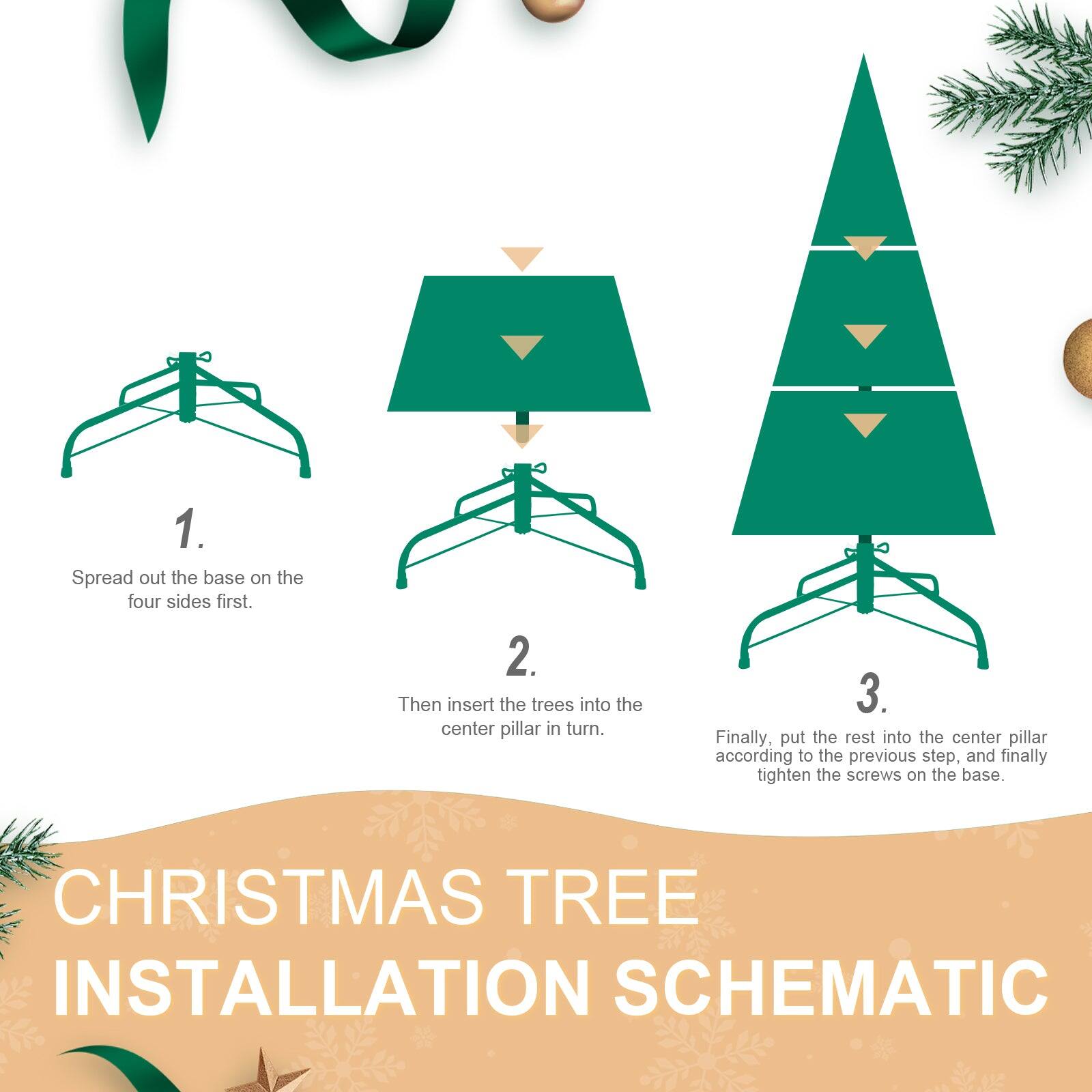 1. Spread out the base on the four sides first.

2. Then insert the trees into the center pillar in turn.

3. Finally, put the rest into the center pillar according to the previous step, and finally tighten the screws on the base.

CHRISTMAS TREE INSTALLATION SCHEMATIC