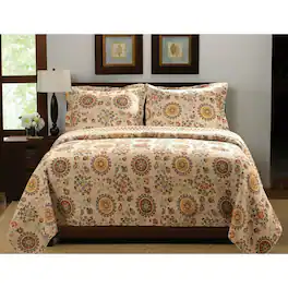 Hivvago - King Retro Moon Shaped Floral Medallion Reversible 3 Piece Quilt Set - Multicolor