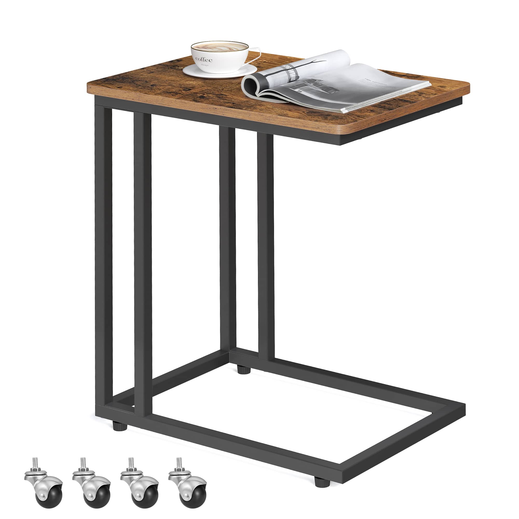 Songmics Home - End Table, Side Table, Coffee Table, with Steel Frame and Castors, Easy Assembly,for Living room, Bedroom, Balcony - Rustic Brown and Black
