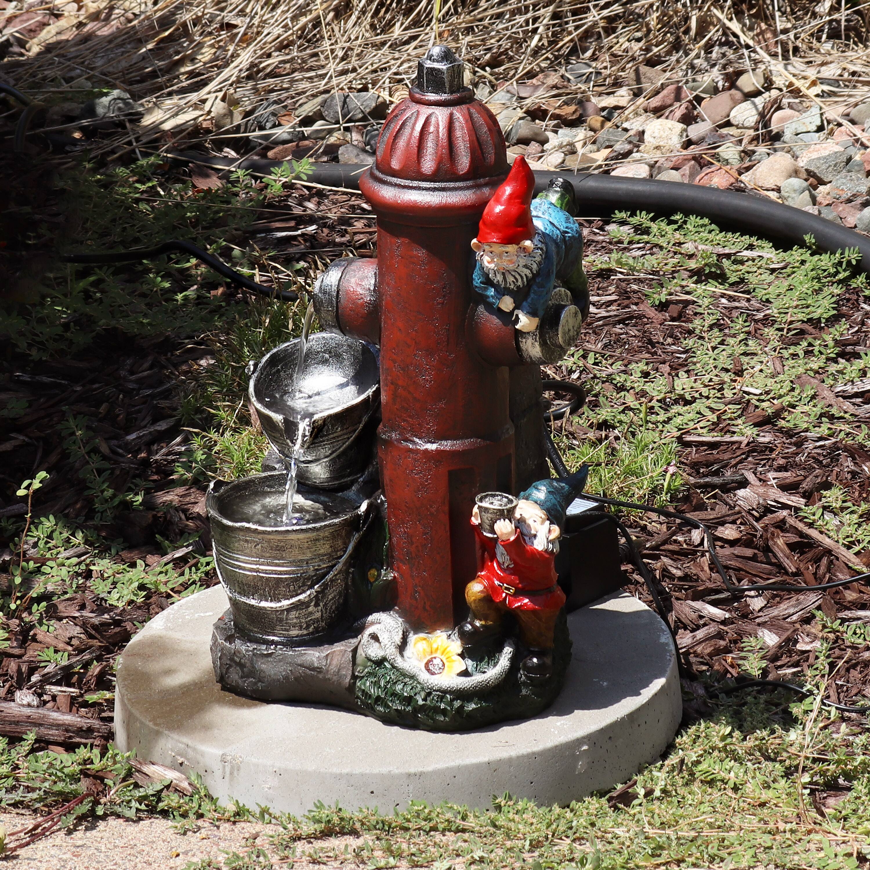 Alt View 4. Sunnydaze - Electric Fire Hydrant Gnome Water Fountain with LED Light - 16 in - Dark Red.