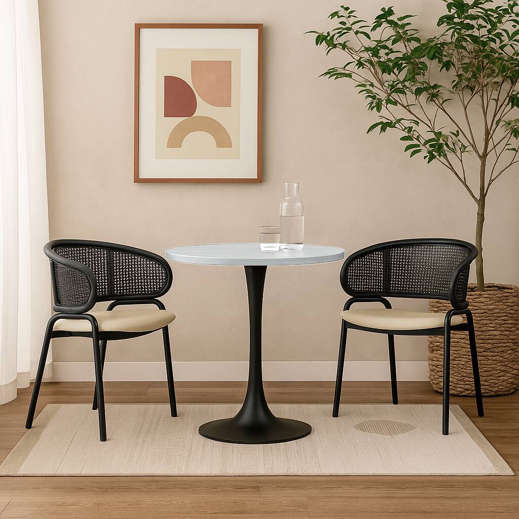 Angle. LeisureMod - Bristol Modern 36-Inch Round Pedestal Dining Table - Contemporary Wood Top Kitchen Table with Iron Base - MDF - Light Natural.