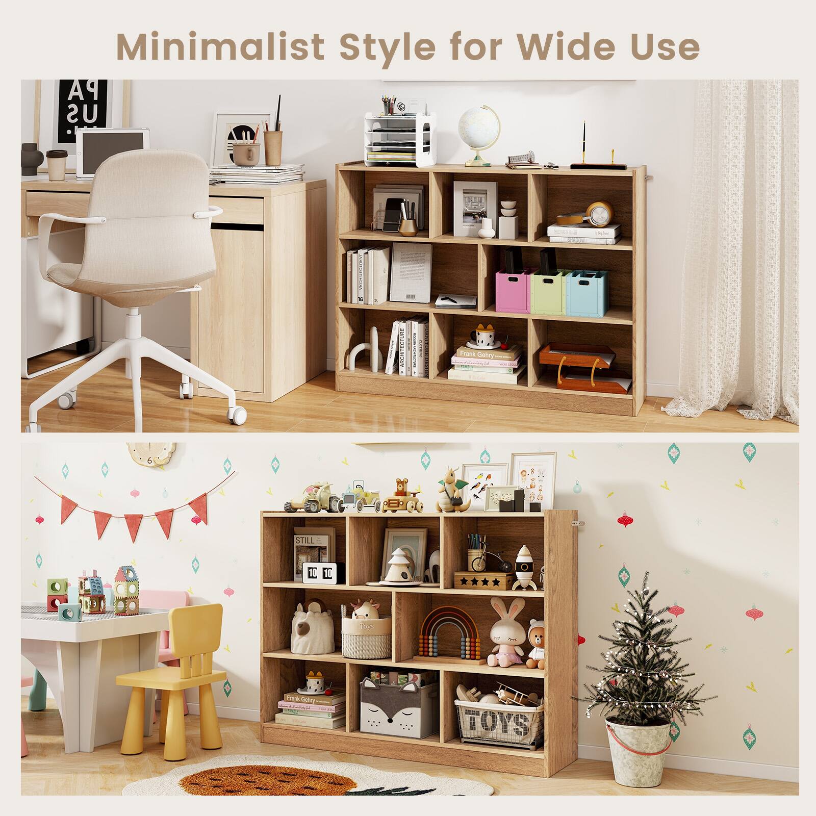 Minimalist Style for Wide Use: A small, functional desk with a chair and a bookshelf filled with books and toys.