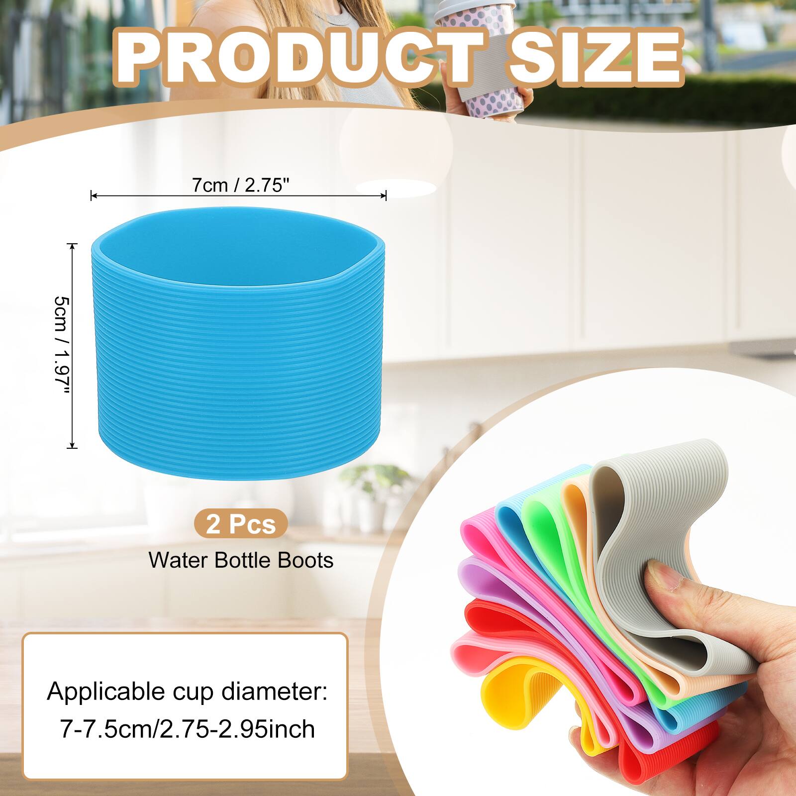 PRODUCT SIZE

7cm / 2.75"  
5cm / 1.97"  

2 Pcs Water Bottle Boots

Applicable cup diameter:  
7-7.5cm / 2.75-2.95inch