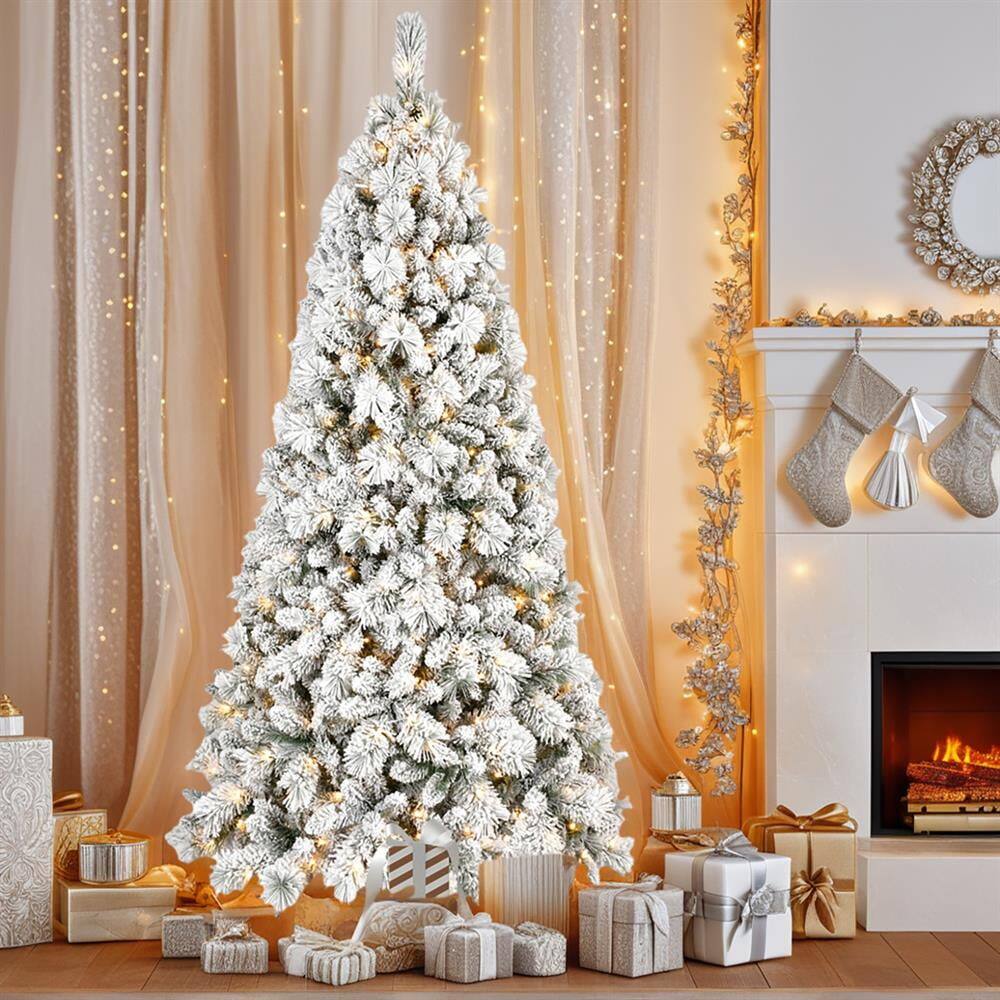 Front. Pefilos - 6ft Christmas Tree with 752 Mixed Needles, Flocked Snow Look, Hinged Design, 350 Warm White Lights - White.