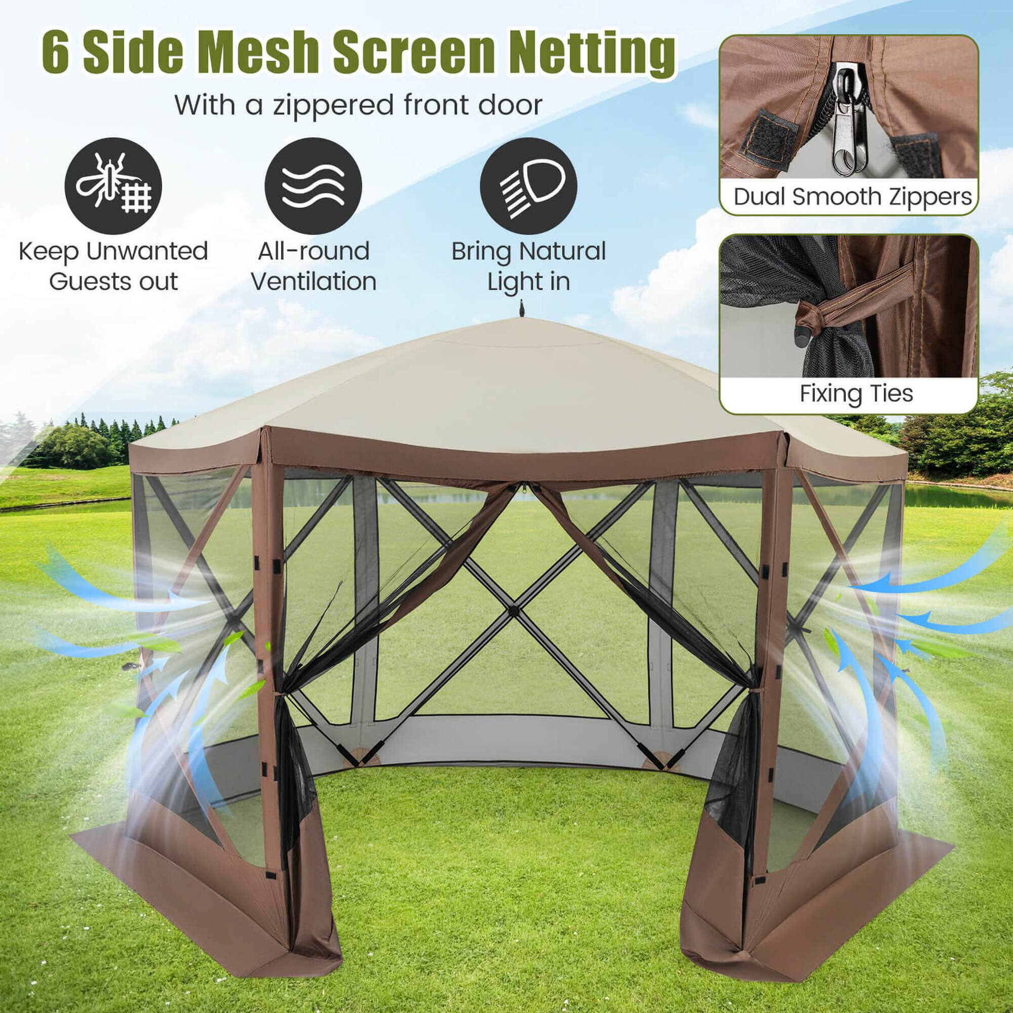 6 Side Mesh Screen Netting

With a zippered front door
Dual Smooth zippers
Keep Unwanted Guests out
All-round Ventilation
Bring Natural Light in
Fixing Ties