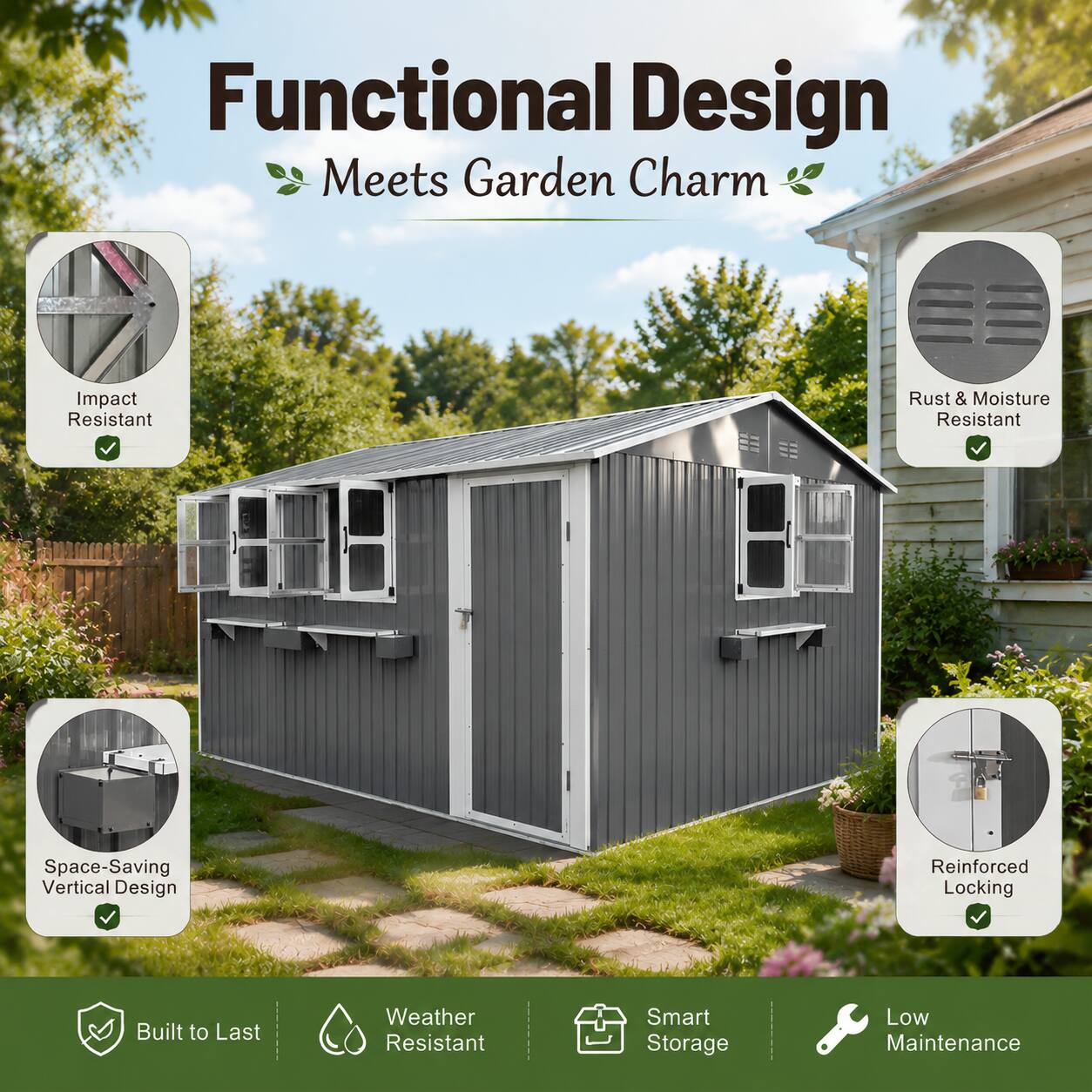 Functional Design Meets Garden Charm  
Impact Resistant  
Rust & Moisture Resistant  
Space-Saving Vertical Design  
Reinforced Locking  
Built to Last  
Weather Resistant  
Smart Storage  
Low Maintenance