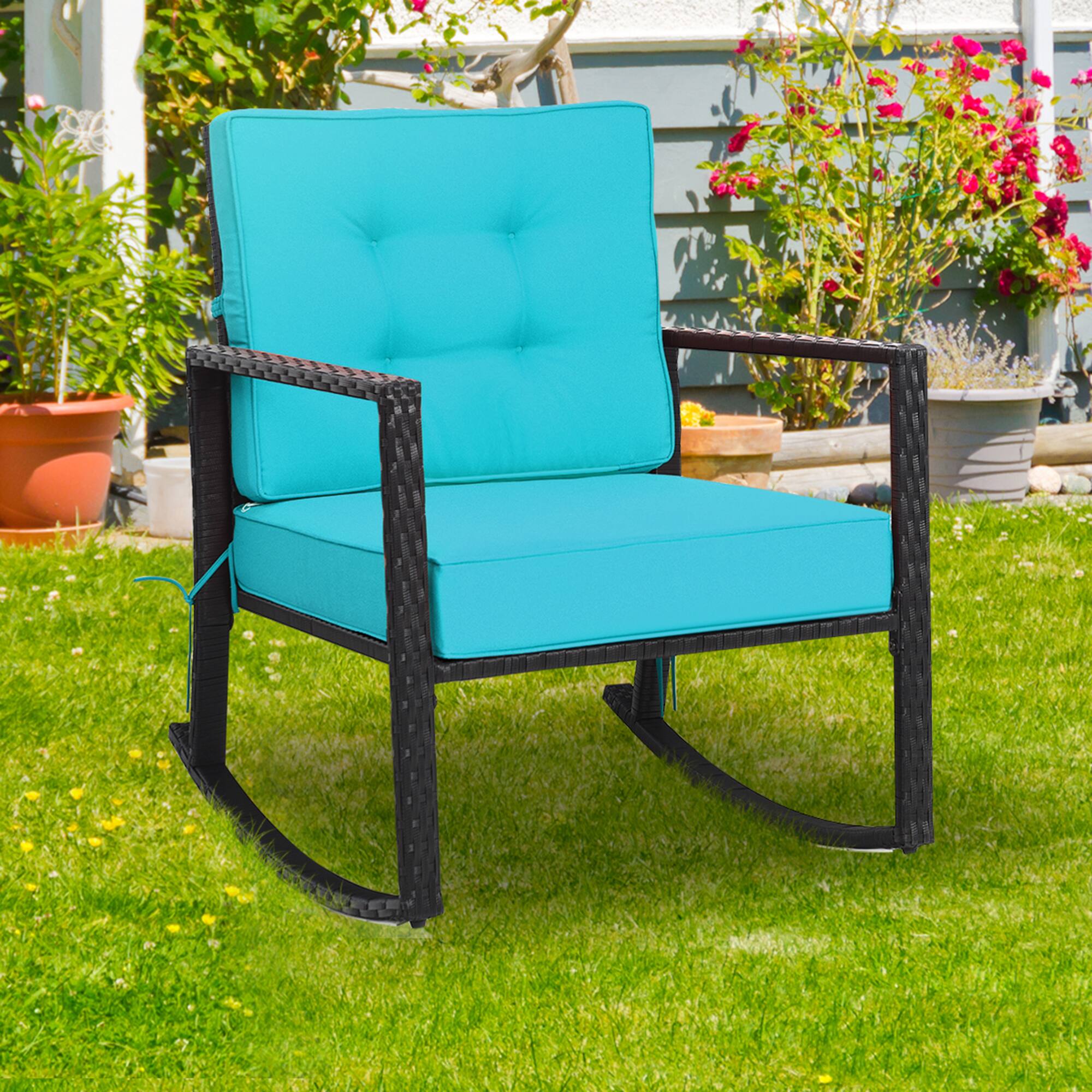 Alt View 5. Gymax - Gymax 2PCS Outdoor Wicker Rocking Chair Patio Rattan Single Chair Glider w/ Turquoise Cushion - Black + Turquoise.
