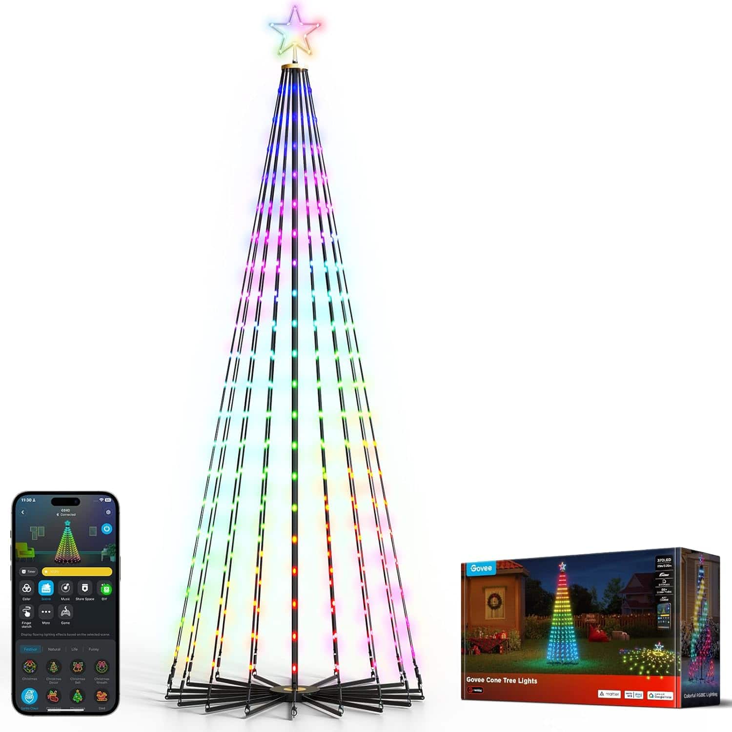 Sure, here is the corrected and grouped text from the image:
---
**Govee Cone Tree Lights**
- **Govee**
- **Cone Tree Lights**
- **Smart LED Lights**
- **100 LED**
- **IP65 Waterproof**
- **10 Modes**
- **Color Changing**
- **Remote Control**
- **Battery Operated**
- **Easy Setup**
- **Perfect for Indoor & Outdoor**
- **Govee**
- **Cone Tree Lights**
- **Smart LED Lights**
- **100 LED**
- **IP65 Waterproof**
- **10 Modes**
- **Color Changing**
- **Remote Control**
- **Battery Operated**
- **Easy Setup**
- **Perfect for Indoor & Outdoor**
---
This text is derived from the packaging and the image of the product.