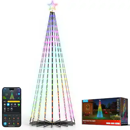 Sure, here is the corrected and grouped text from the image:
---
**Govee Cone Tree Lights**
- **Govee**
- **Cone Tree Lights**
- **Smart LED Lights**
- **100 LED**
- **IP65 Waterproof**
- **10 Modes**
- **Color Changing**
- **Remote Control**
- **Battery Operated**
- **Easy Setup**
- **Perfect for Indoor & Outdoor**
- **Govee**
- **Cone Tree Lights**
- **Smart LED Lights**
- **100 LED**
- **IP65 Waterproof**
- **10 Modes**
- **Color Changing**
- **Remote Control**
- **Battery Operated**
- **Easy Setup**
- **Perfect for Indoor & Outdoor**
---
This text is derived from the packaging and the image of the product.