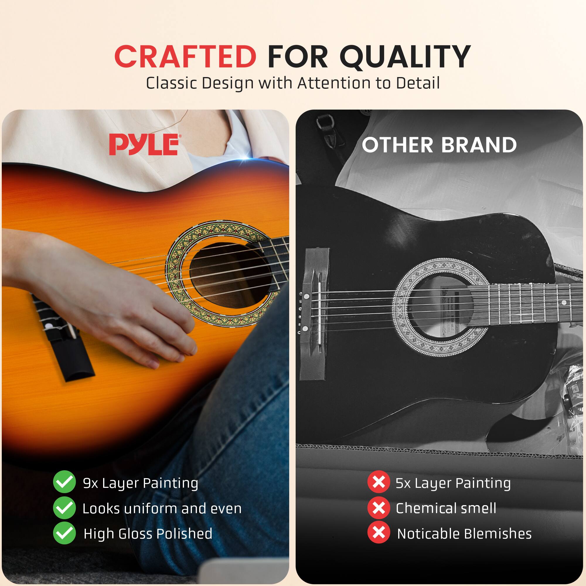 CRAFTED FOR QUALITY  
Classic Design with Attention to Detail  

PYLE  
- 9x Layer Painting  
- Looks uniform and even  
- High Gloss Polished  

OTHER BRAND  
- 5x Layer Painting  
- Chemical smell  
- Noticable Blemishes