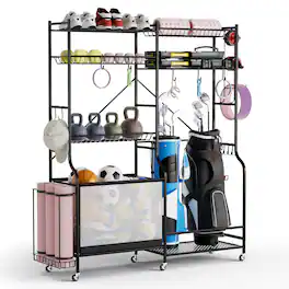 Costway - Sports Equipment Organizer for Garage with Yoga Mat Holder Ball Basket Metal - Black