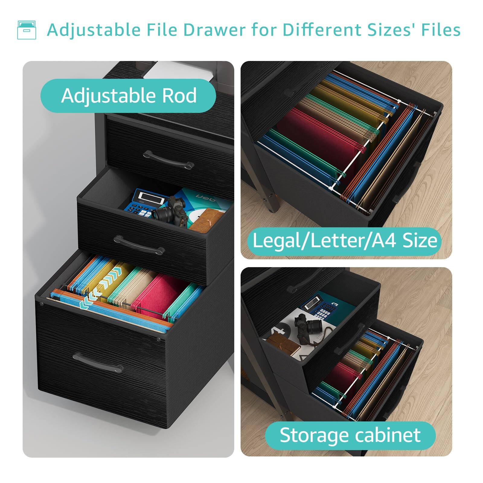 Adjustable File Drawer for Different Sizes' Files

Adjustable Rod

Legal/Letter/A4 Size

Storage cabinet