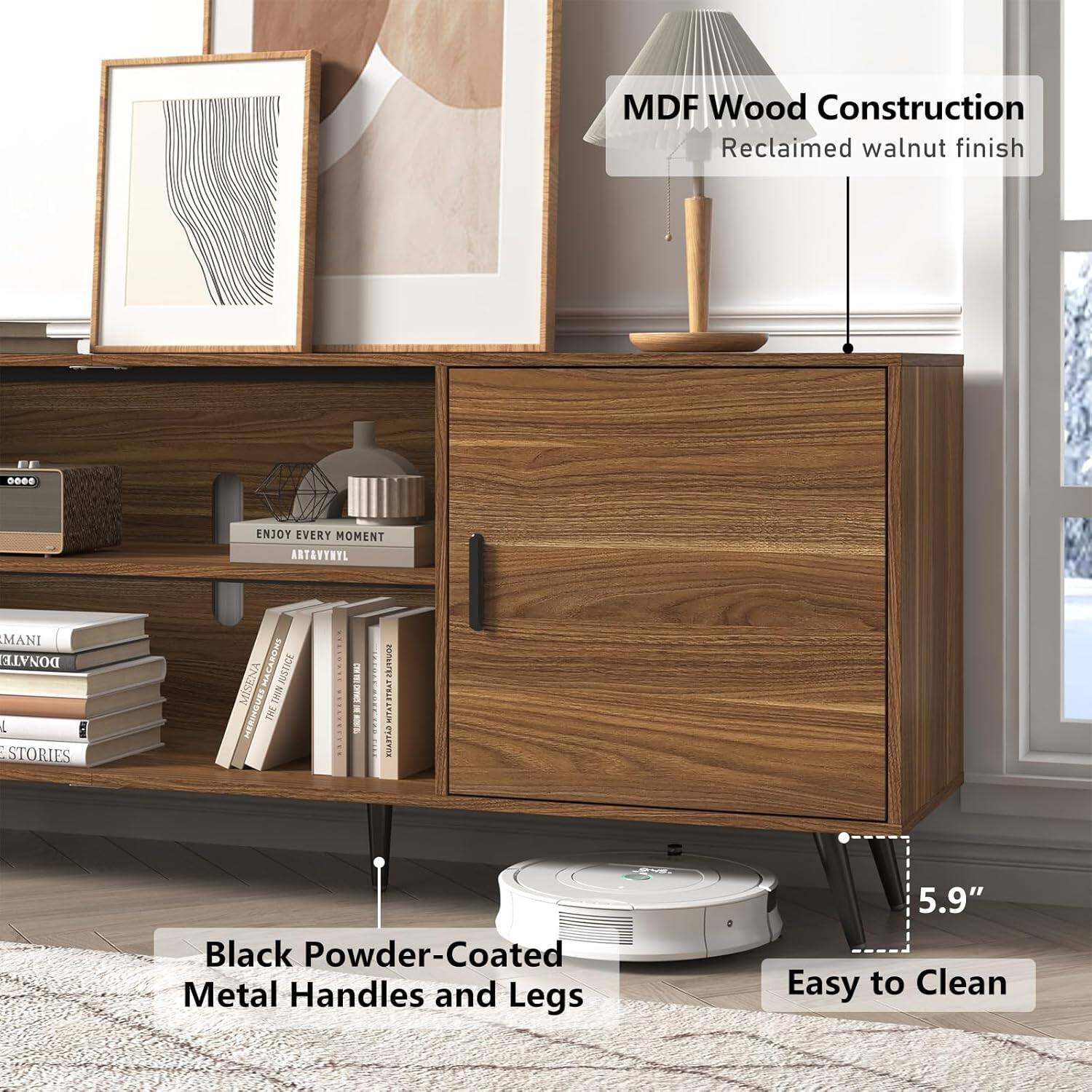 MDF Wood Construction  
Reclaimed walnut finish  

ENJOY EVERY MOMENT  
ARTAVNYL  
MANI  
DONATE  
L: STORIES  
CAROHE  
RIS  
STICE  
MISENA  
i nOH  
THN  
EN oE  
NTATRTRAT  
nsumia  

Black Powder-Coated Metal Handles and Legs  
5.9"  
Easy to Clean