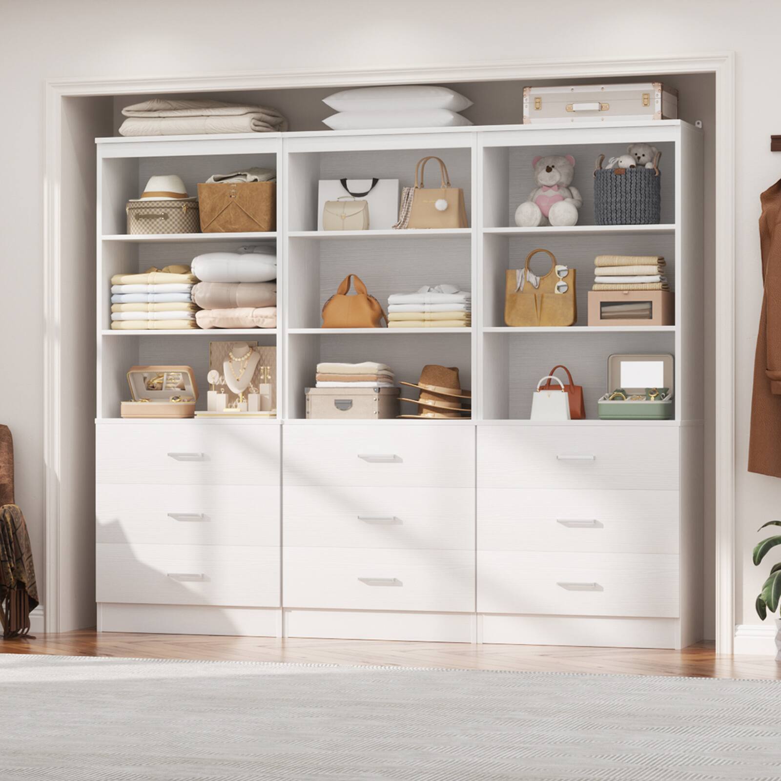 Left. Aheaplus - 71'' Tall Pantry Cabinet, Freestanding Kitchen Storage Cabinet with 3 Drawers and Shelves, 3 Pack - White.