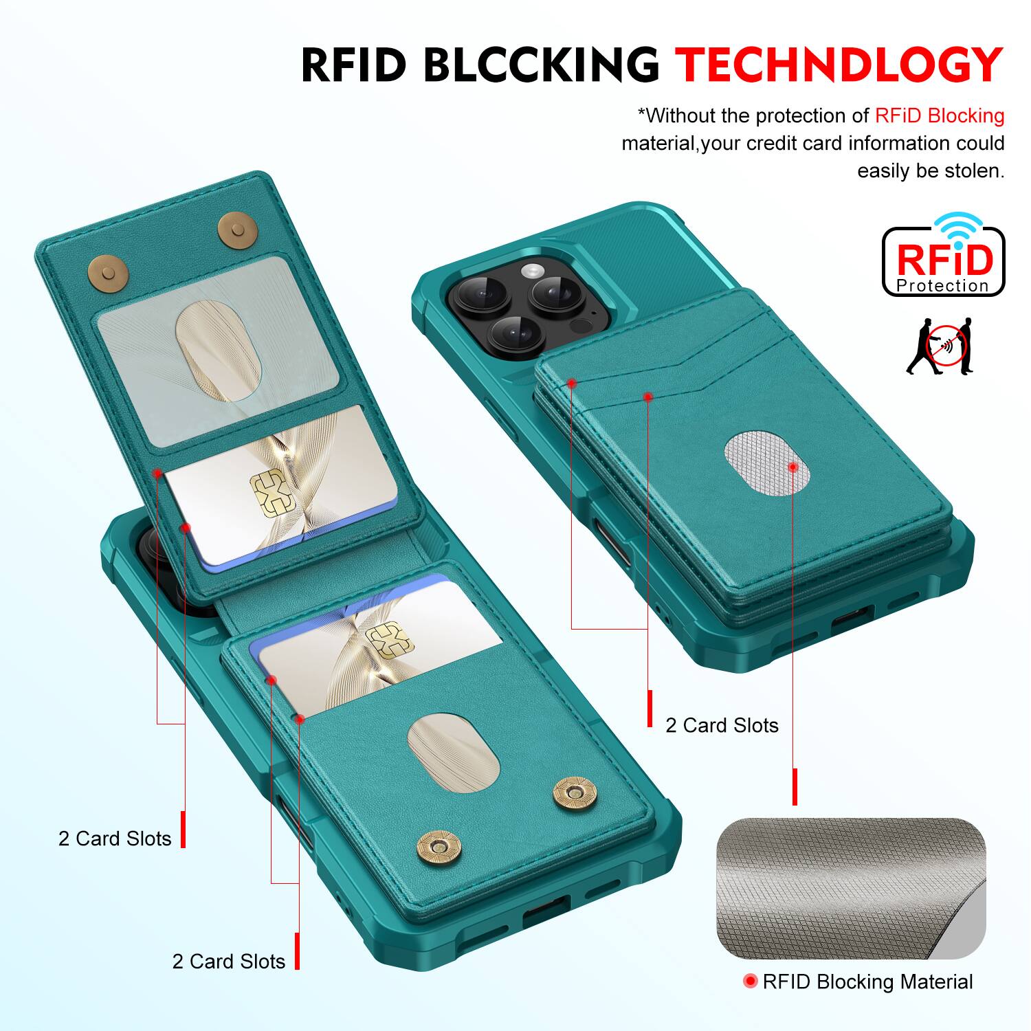 RFID BLOCKING TECHNOLOGY

*Without the protection of RFID Blocking material, your credit card information could easily be stolen.

RFID Protection

2 Card Slots

2 Card Slots

2 Card Slots

RFID Blocking Material