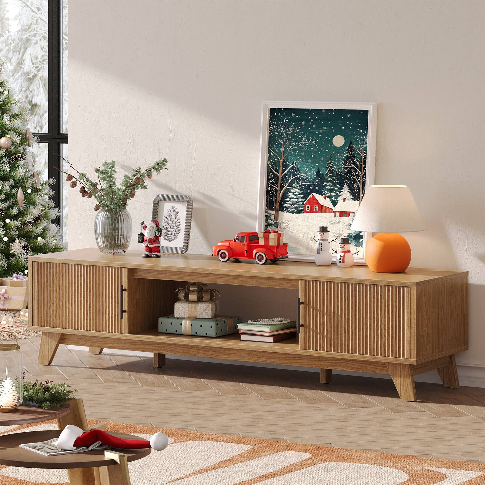 Alt View 1. Bestier - Fluted TV Stand for 75" TV, Modern Console Medium Entertainment Center with Storage Cabinet & Open Shelf - Brown.