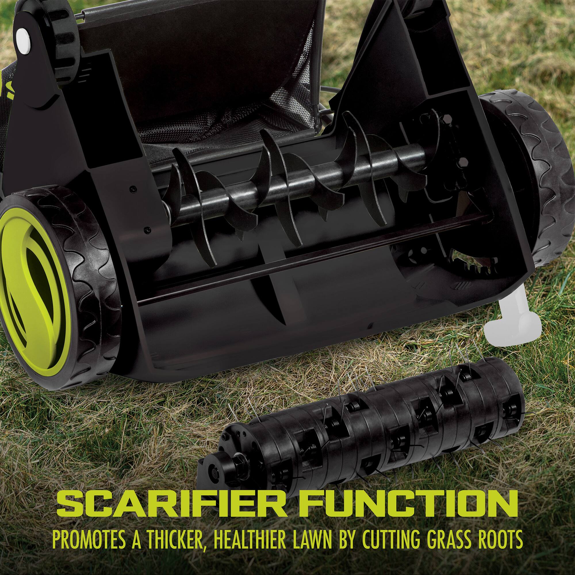 SCARIFIER FUNCTION  
PROMOTES A THICKER, HEALTHIER LAWN BY CUTTING GRASS ROOTS