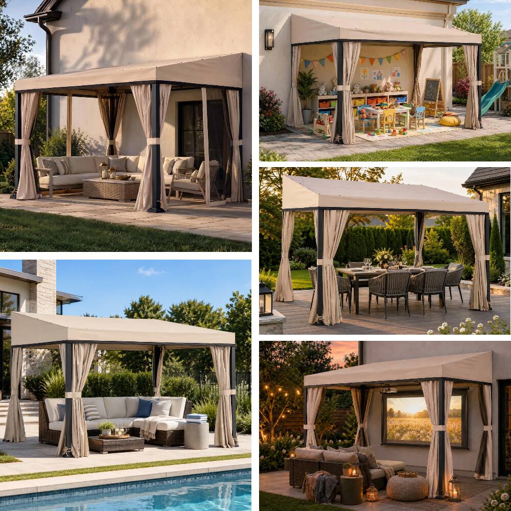 Alt View 8. SUNJOY - Sunjoy 10'x12' Wall Mounted Lean-to Gazebo, Weatherproof Fabric Roof, Black Aluminum & Metal Frame, Curtains & Netting - Black & Khaki.