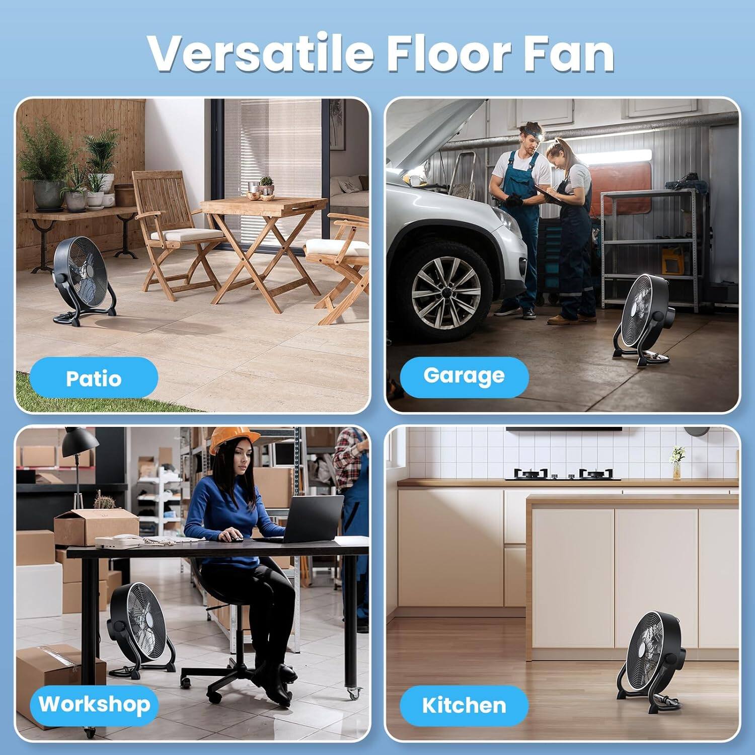 Versatile Floor Fan

- Patio
- Garage
- Workshop
- Kitchen