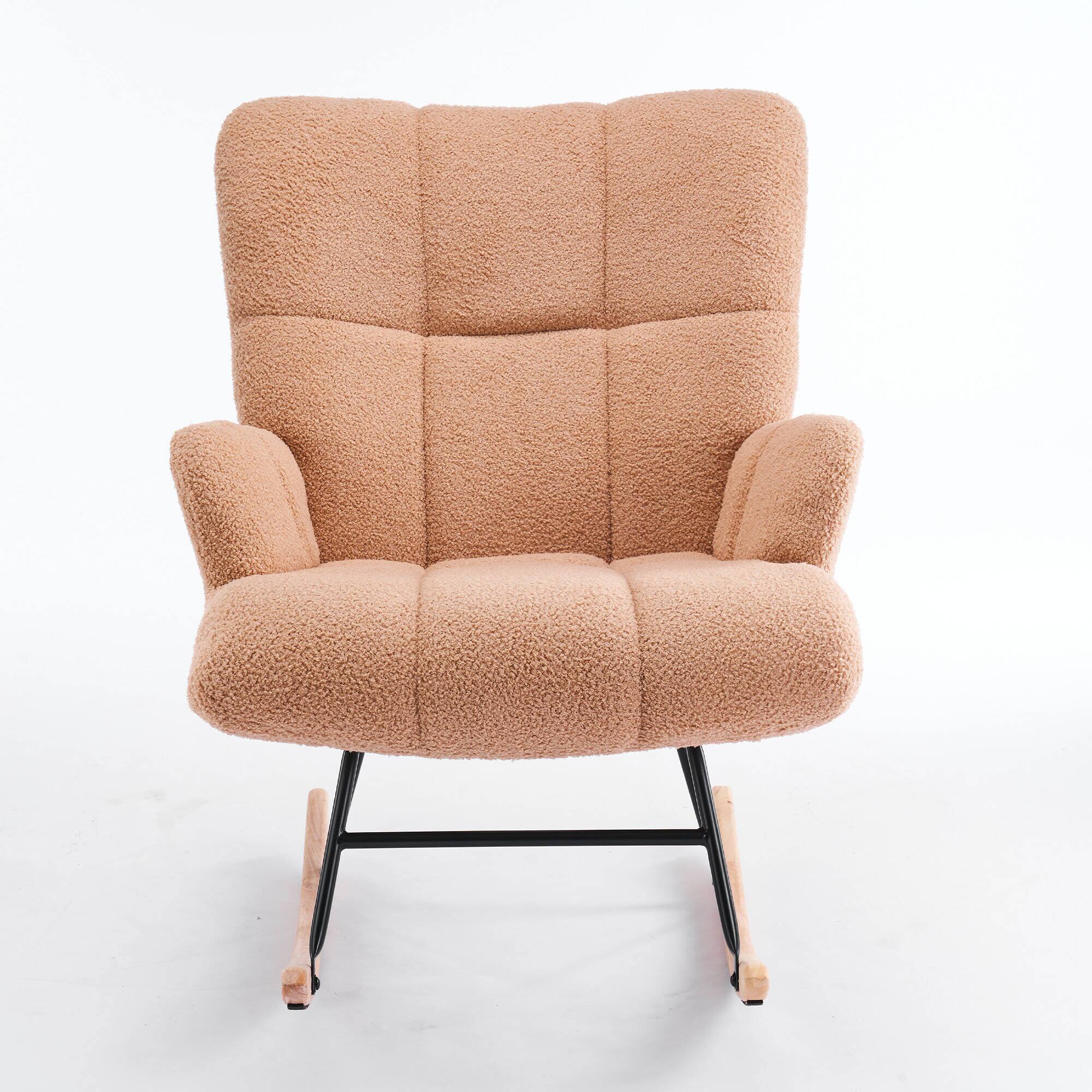 Angle. FERPIT - FERPIT Teddy Upholstered Wingback Rocking Accent Chair with Rubberwood Legs, Light Brown - Light Brown.