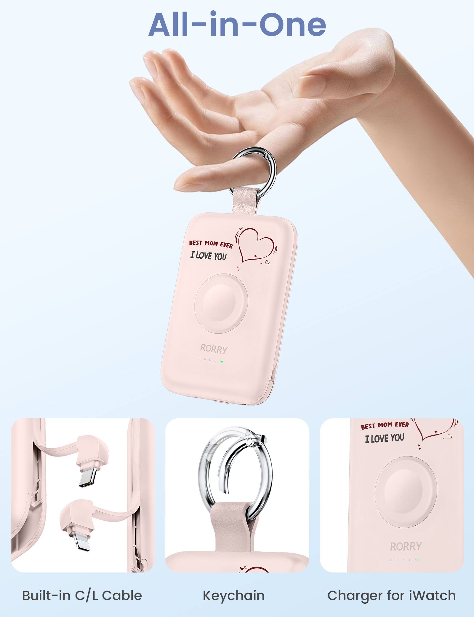 All-in-One

BEST MOM EVER I LOVE YOU
RORRY

Built-in C/L Cable
Keychain
Charger for iWatch