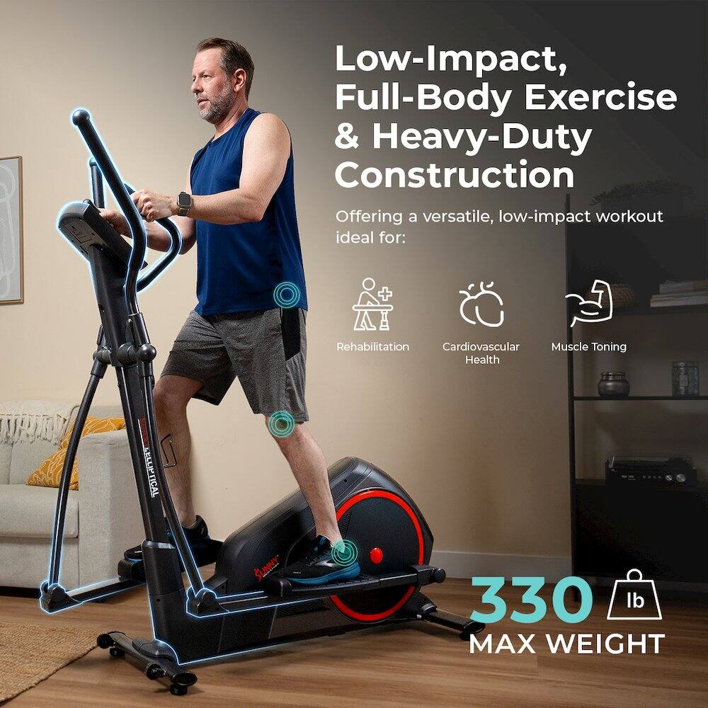 Low-Impact, Full-Body Exercise & Heavy-Duty Construction

Offering a versatile, low-impact workout ideal for:
- Rehabilitation
- Cardiovascular Health
- Muscle Toning

ELUPTICAL SUNNY

330 lb MAX WEIGHT