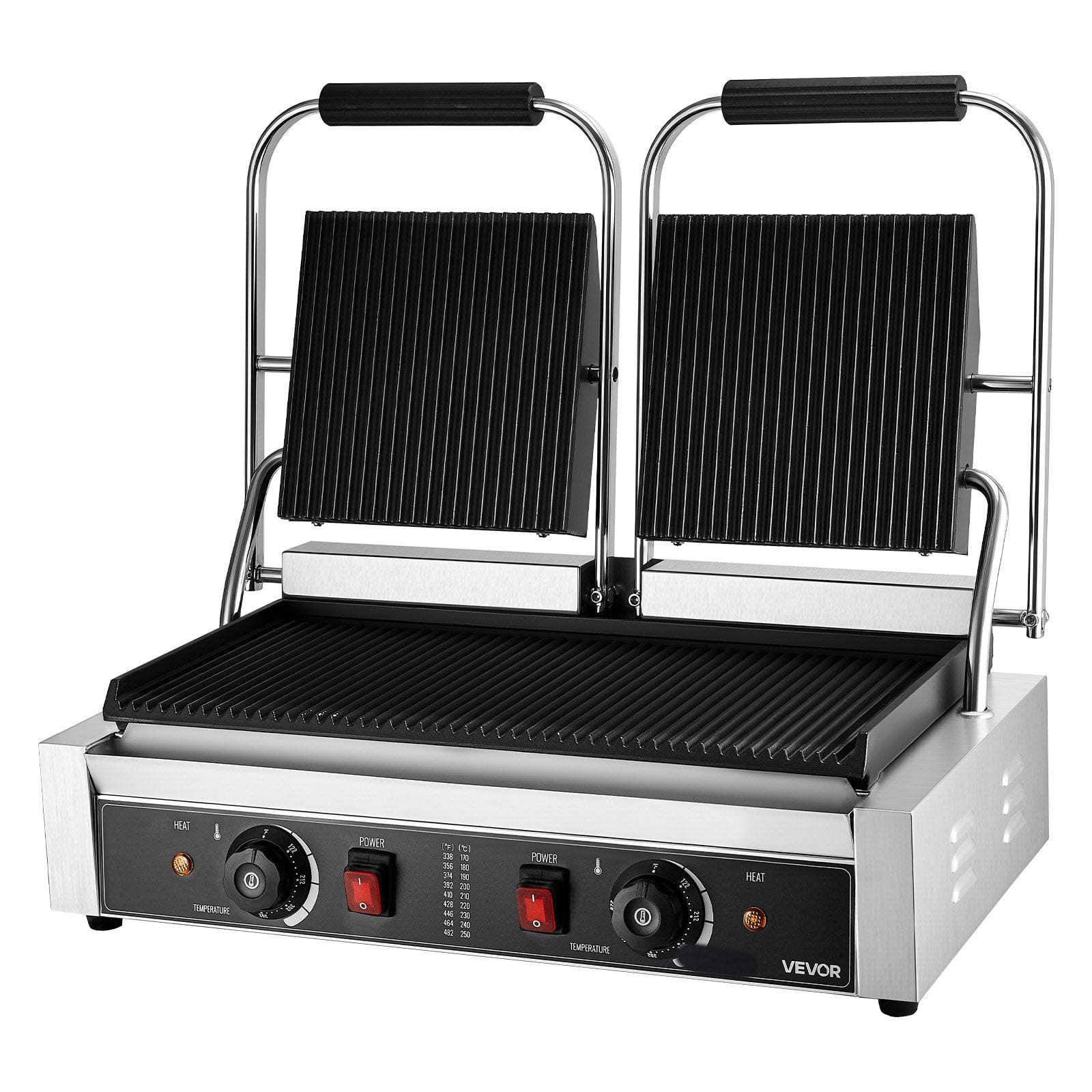 Mirfee - 3600W Double Panini Press, 19x9" Grooved Plate, Commercial Sandwich Grill with Temp Control