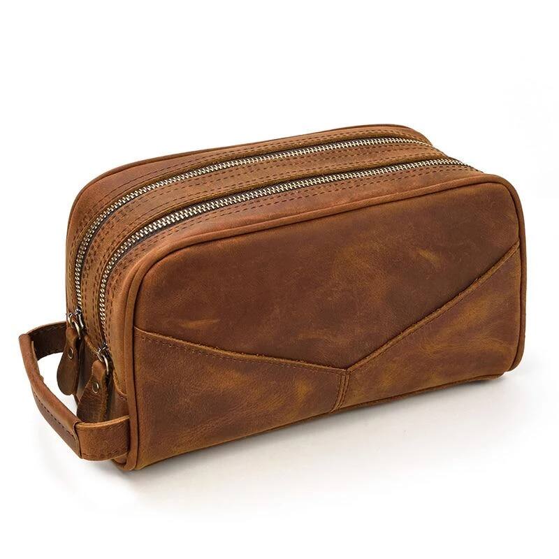 Angle. Steel Horse Leather - The Nomad Toiletry Bag | Genuine Leather Travel Toiletry Bag - Brown.