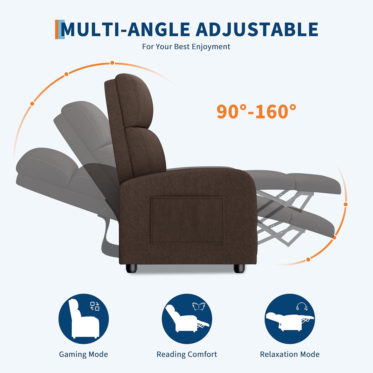 MULTI-ANGLE ADJUSTABLE  
For Your Best Enjoyment  

90°-160°  

Gaming Mode  
Reading Comfort  
Relaxation Mode